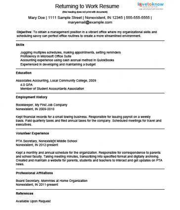 Sample Resumes For Stay At Home Moms Returning To Work Download a sample resume for a homemaker returning to work. Source. Moms who decide to stay home ...