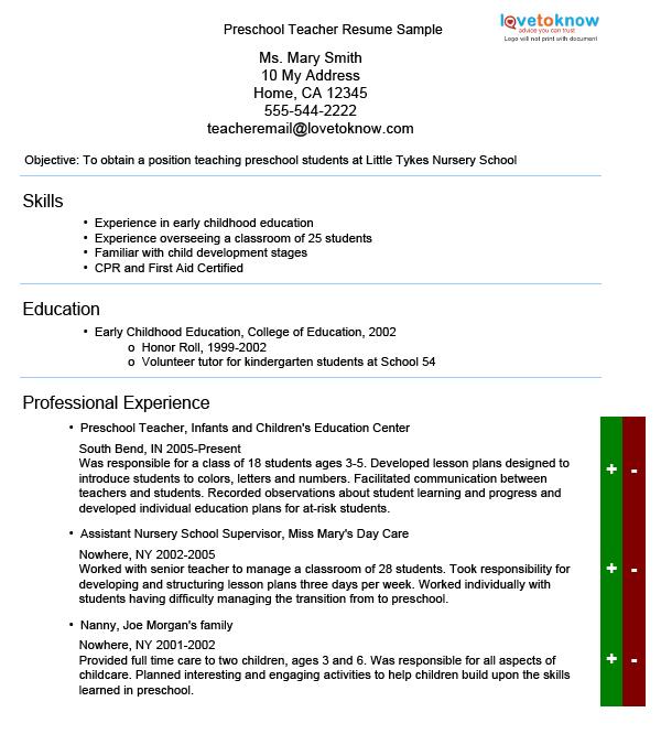 Sample Resume For Preschool Teacher