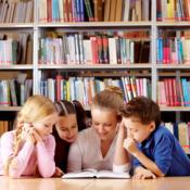 children reading in library