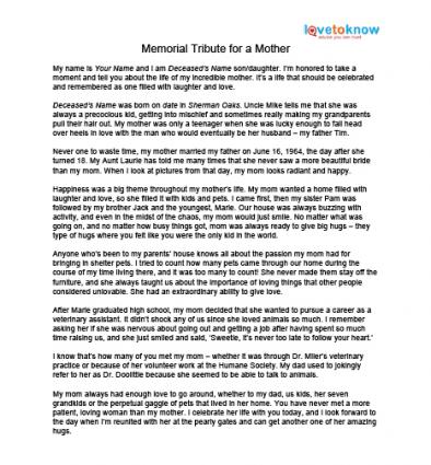 memorial tributes tribute mother eulogy sample mom quotes mothers funeral lovetoknow dying examples writing remembrance classmates speech who death passed