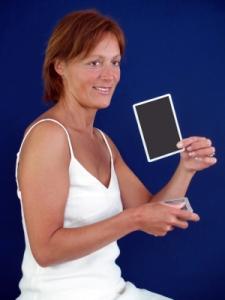 Woman holding a card