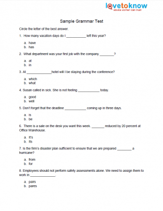 Printable Grammar, Proofreading and Math Tests