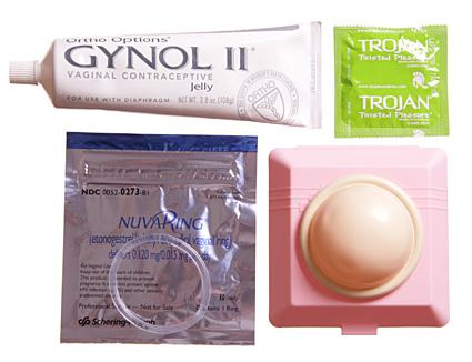 Ortho Diaphragm, Gynol II spermicide Gel, Nuva Ring, and Trojan Condom.