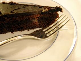 A slice of rich chocolate cake.
