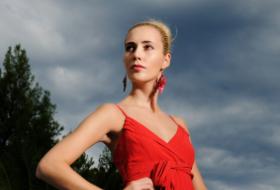 Girl in red prom dress