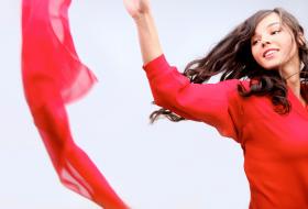 Red shirt dress with scarf