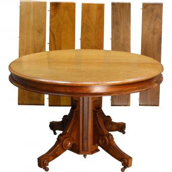 Round Victorian Burl Walnut Dining Table