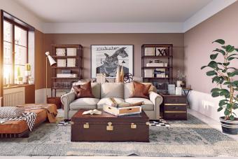 Modern living room decorated with vintage luggage