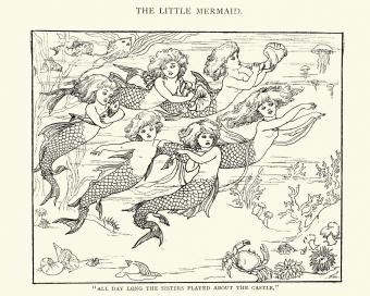 Vintage engraving of The Little Mermaid and her sisters 