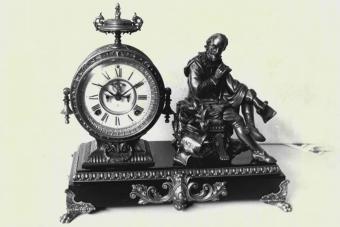 Shakespeare sits writing Macbeth beside this American Ansonia shelf clock