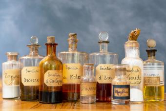 Apothecary pots with ingredients for medicine