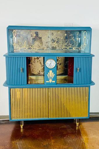 Mid Century Atomic Teal and Gold Bar Cabinet