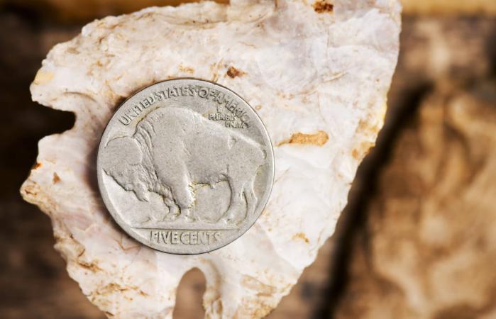 Buffalo Nickle on an arrowhead