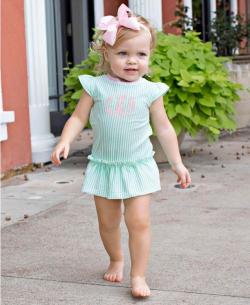 RuffleButts Infant//Toddler Girls Pink /& White Seersucker Peplum Tankini