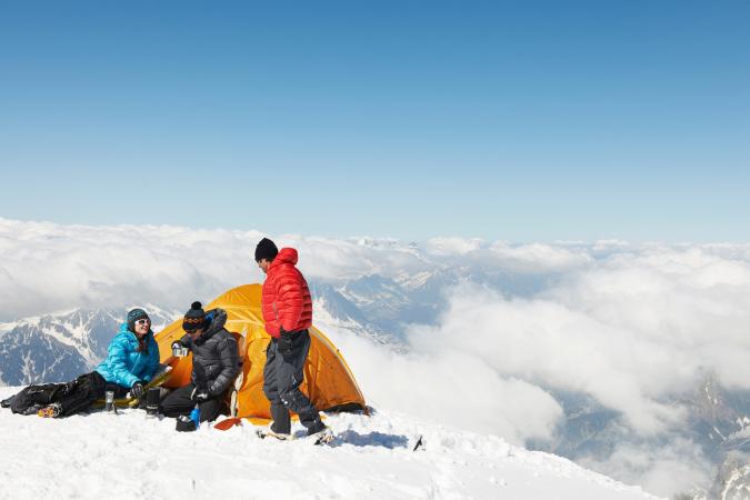 camping in mountain snow