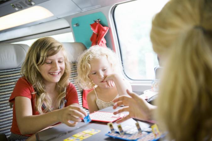 Girls playing game in train