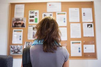 Woman studying advertising on community bulletin board