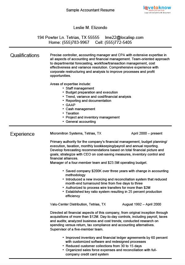 Sample Accounting Resumes LoveToKnow