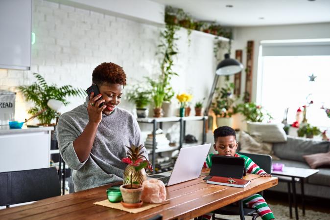 Mom and son working from home