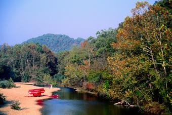 Canoes on bank of Jack's Fork River, Ozarks National Scenic Riverways.