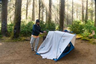 Man Setting up Tent in Forest Campground