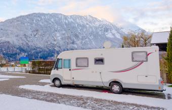 RV camper at campsite in winter