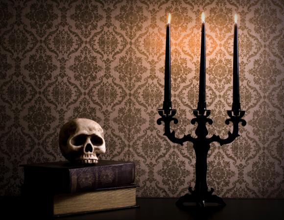 Halloween skull and candelabra with taper candles