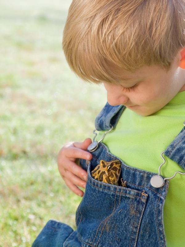 little boy in overalls
