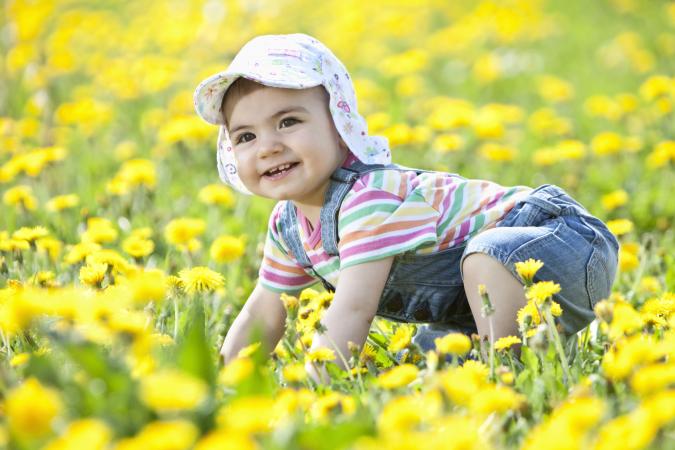 Baby girl crawling in flower field