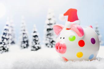 Saving money at Christmas, piggy bank in the snow