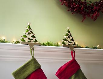 Christmas stockings hung on the fireplace mantel