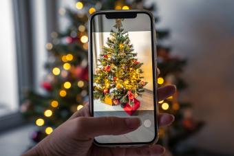 Phone screen in hand taking picture of Christmas tree in living room in home interior