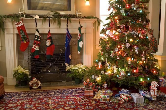 living room decorated for Christmas