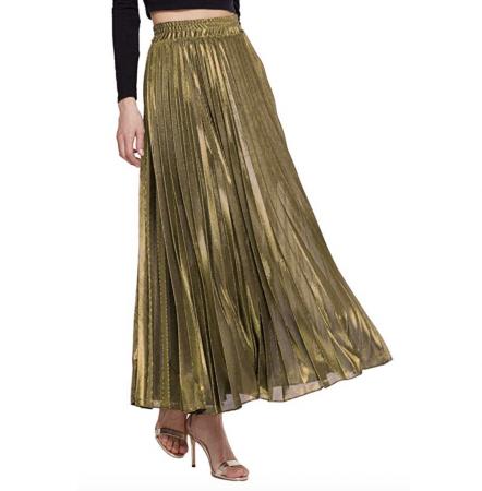 AMORMIO Women's Glittery Gold Metallic Accordion Pleated Maxi Skirt