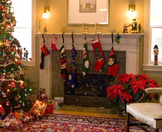 Christmas tree and decorations in living room