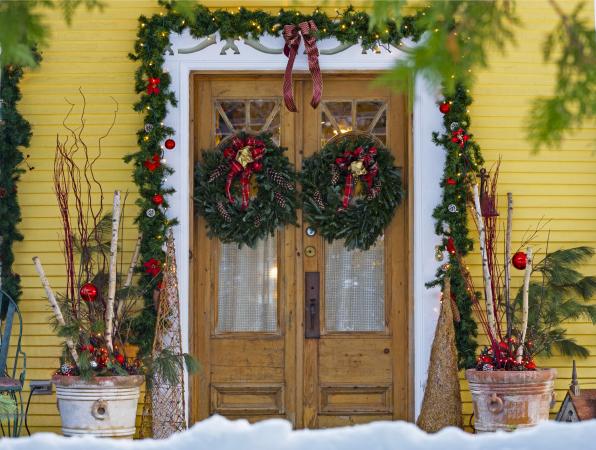 Doors Of A House Decorated For Christmas
