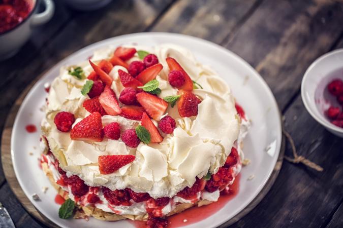 Berry Pavlova Cake with Strawberries and Raspberries