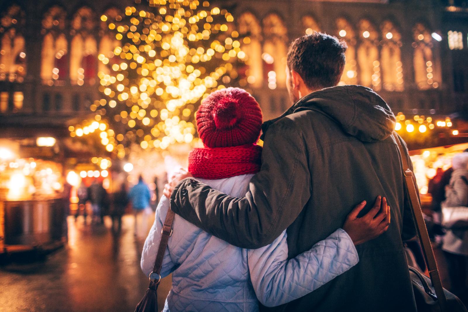 Couple enjoy the decoration on Christmas Market