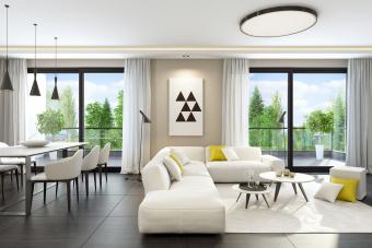 Fresh and modern white style living room with natural stone tiles