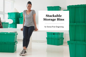 Woman surrounded by green stackable storage bins