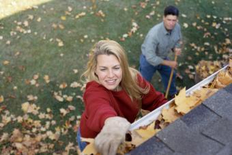 Couple Cleaning Leaves Outside Their House