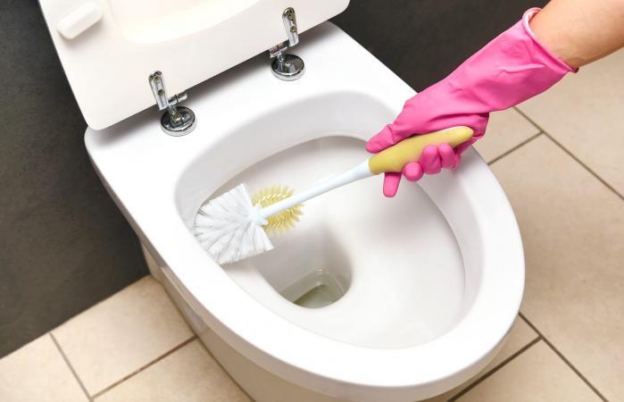 cleaning toilet with toilet brush