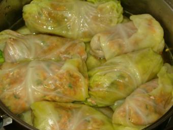 Cabbage rolls cooking in a pot