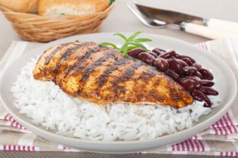 Grilled cajun chicken with rice and beans