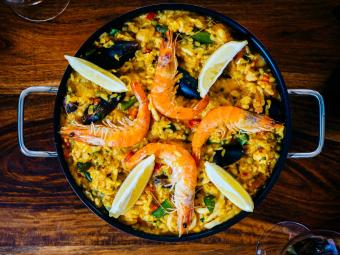 Fresh paella in pan