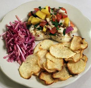 Jicama salsa on halibut, jicama apple slaw and jicama chips