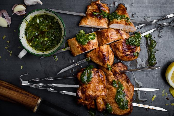 Barbequed chicken with chimichurri sauce