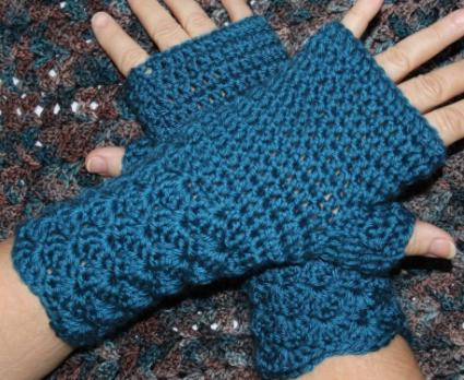 Blue crocheted wrist warmers