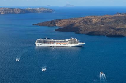 Cruise ship anchored at the island of Santorini