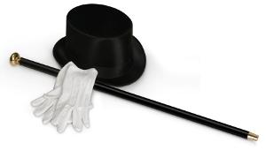 top hat, gloves, and cane
